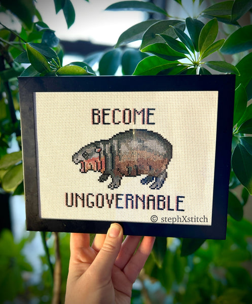 Moo Deng Become Ungovernable -Framed Cross-Stitch Art