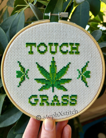 Touch Grass Finished Cross Stitch Hoop