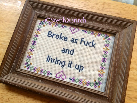 Broke As Fuck And Living It Up - Cross Stitch Pattern